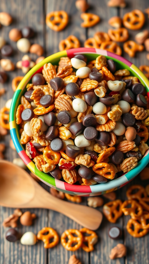 A vibrant bowl of snack mix with nuts, pretzels, dried fruits, and chocolate chips on a rustic table.